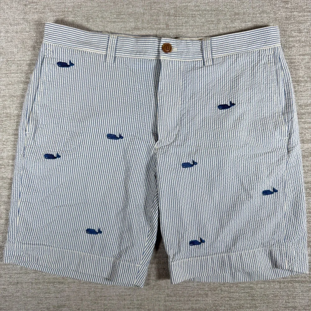 J. Crew‎ Gramercy Shorts Mens 33/8 Blue White Whale Embroidered Seersucker